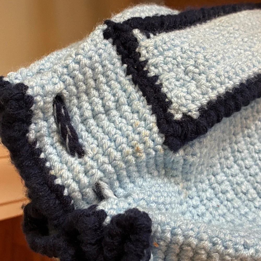 Handmade M&M Crochet Drawstring Bag Blue Kidcore Y2K Backpack Kitschy Retro VTG
